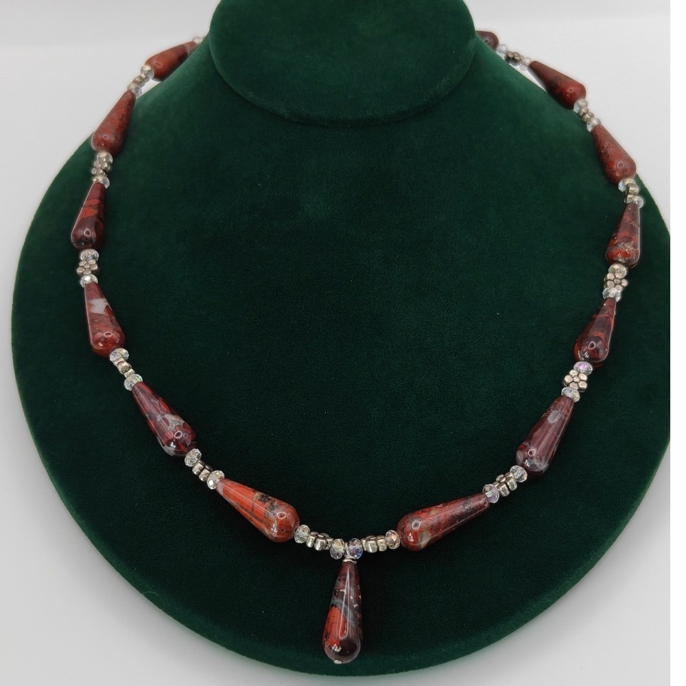 Vintage Red Jasper Teardrop Bead Necklace Silver Tone Crystal Accent Gemstone